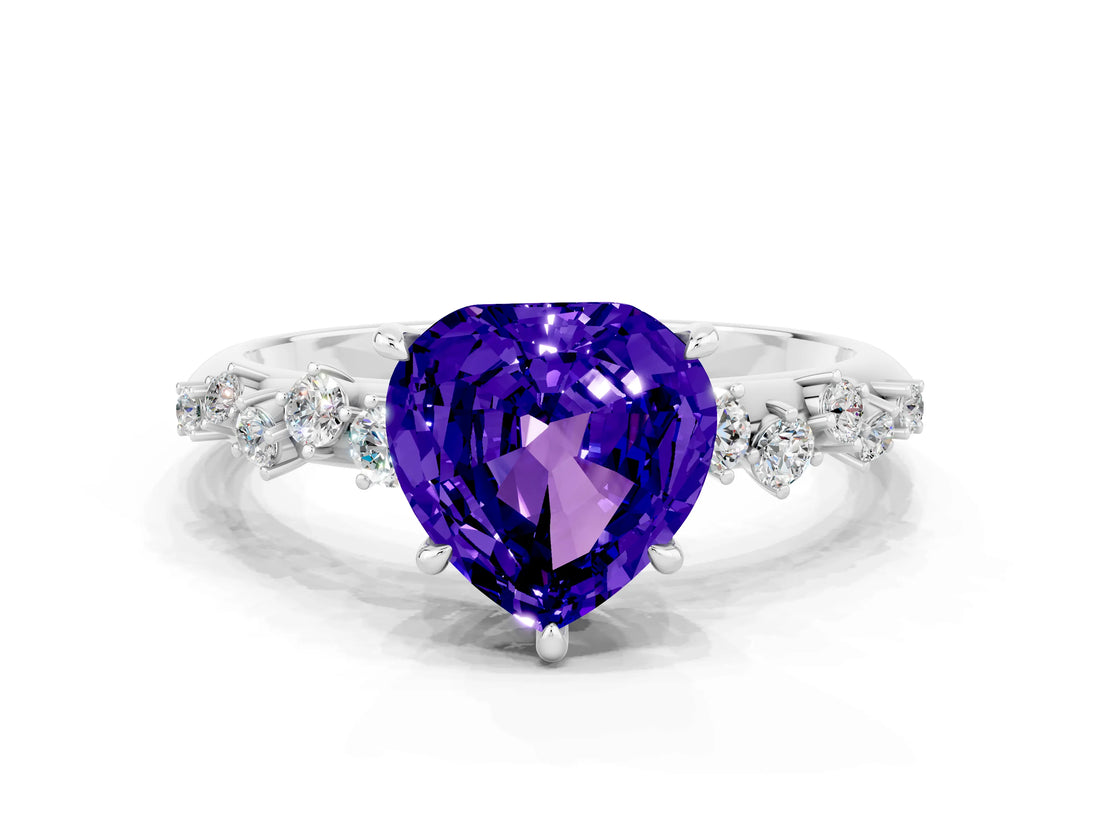 White gold Heart Cut Tanzanite Cluster Side Stone Solitaire Ring with Prong Setting_24