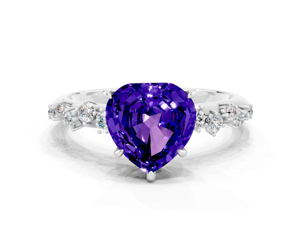 White gold Heart Cut Tanzanite Cluster Side Stone Solitaire Ring with Prong Setting