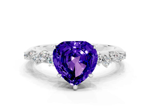White gold Heart Cut Tanzanite Cluster Side Stone Solitaire Ring with Prong Setting_24