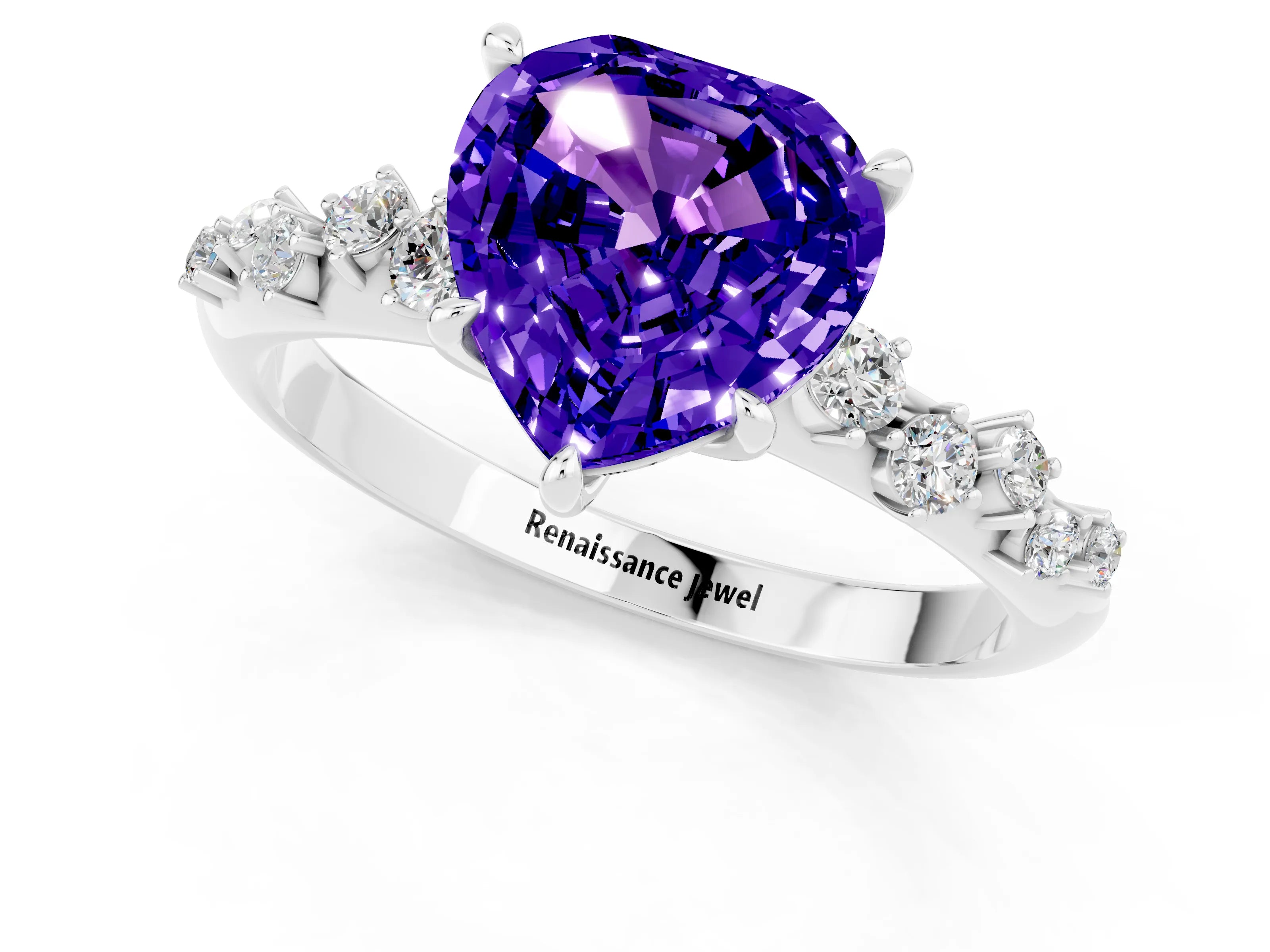 White gold Heart Cut Tanzanite Cluster Side Stone Solitaire Ring with Prong Setting_25