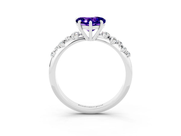 White gold Heart Cut Tanzanite Cluster Side Stone Solitaire Ring with Prong Setting