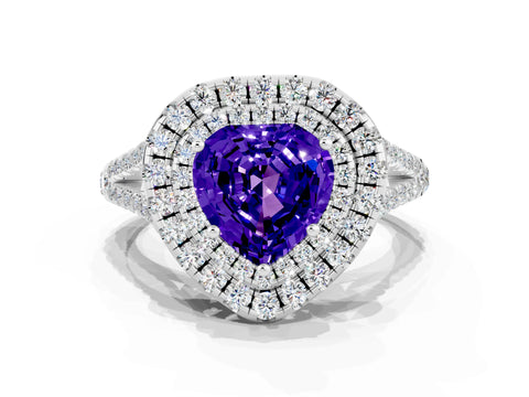 White gold Heart Cut Tanzanite Double Halo Ring with Pavé Band and Prong Setting_12