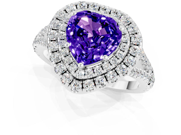 Platinum Heart Cut Tanzanite Double Halo Ring with Pavé Band and Prong Setting