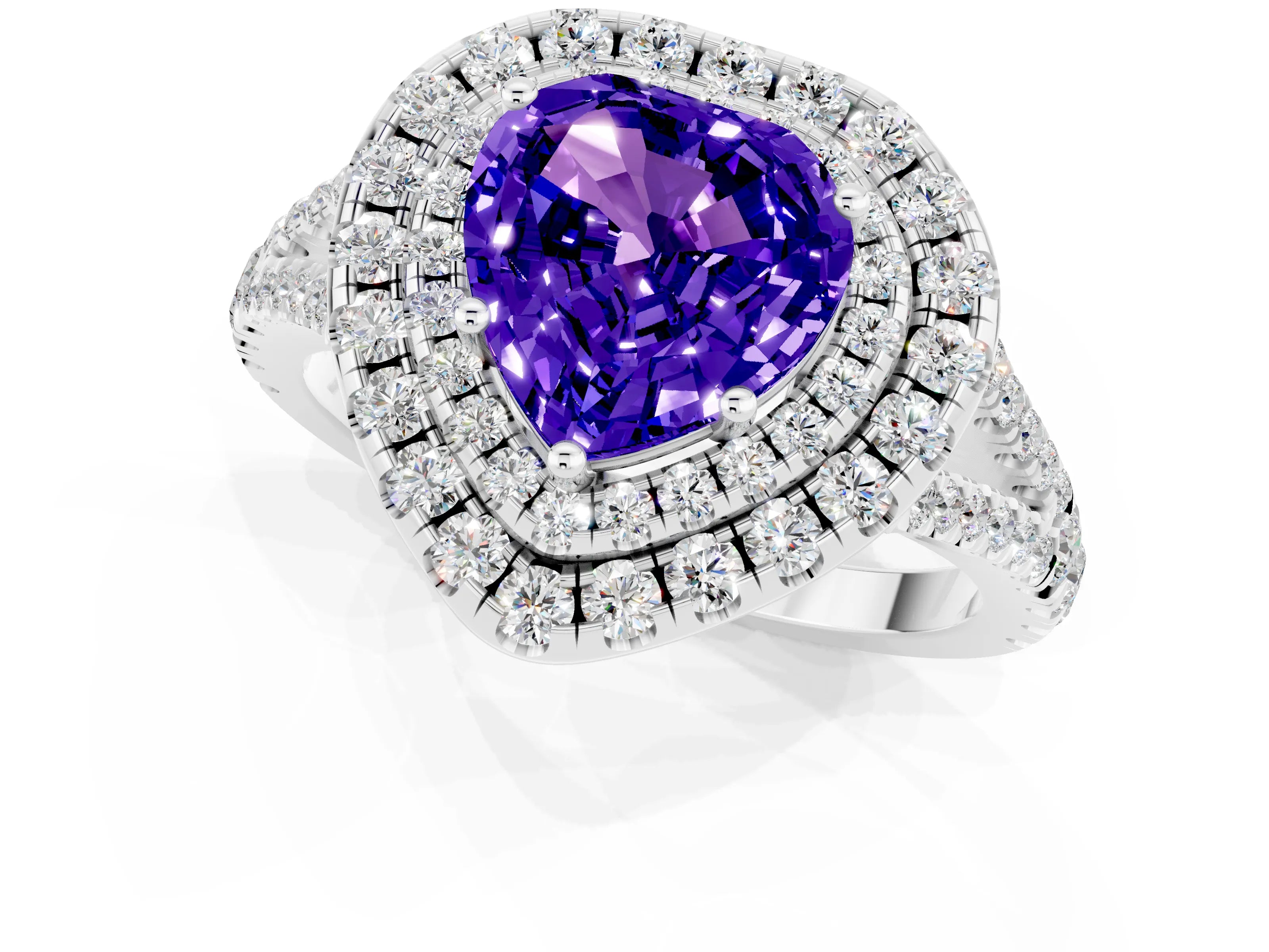 White gold Heart Cut Tanzanite Double Halo Ring with Pavé Band and Prong Setting_13