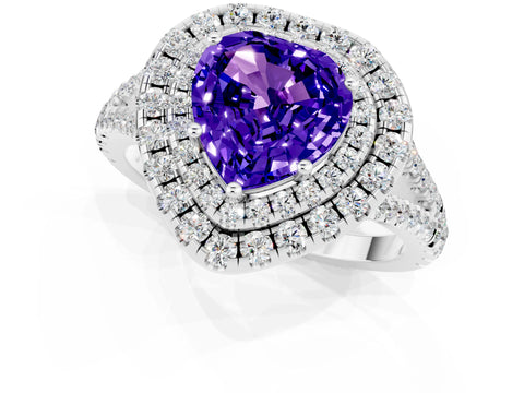 White gold Heart Cut Tanzanite Double Halo Ring with Pavé Band and Prong Setting_13