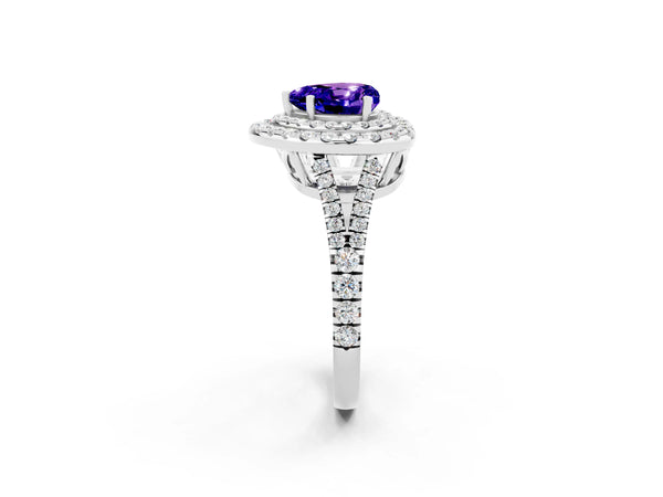Platinum Heart Cut Tanzanite Double Halo Ring with Pavé Band and Prong Setting