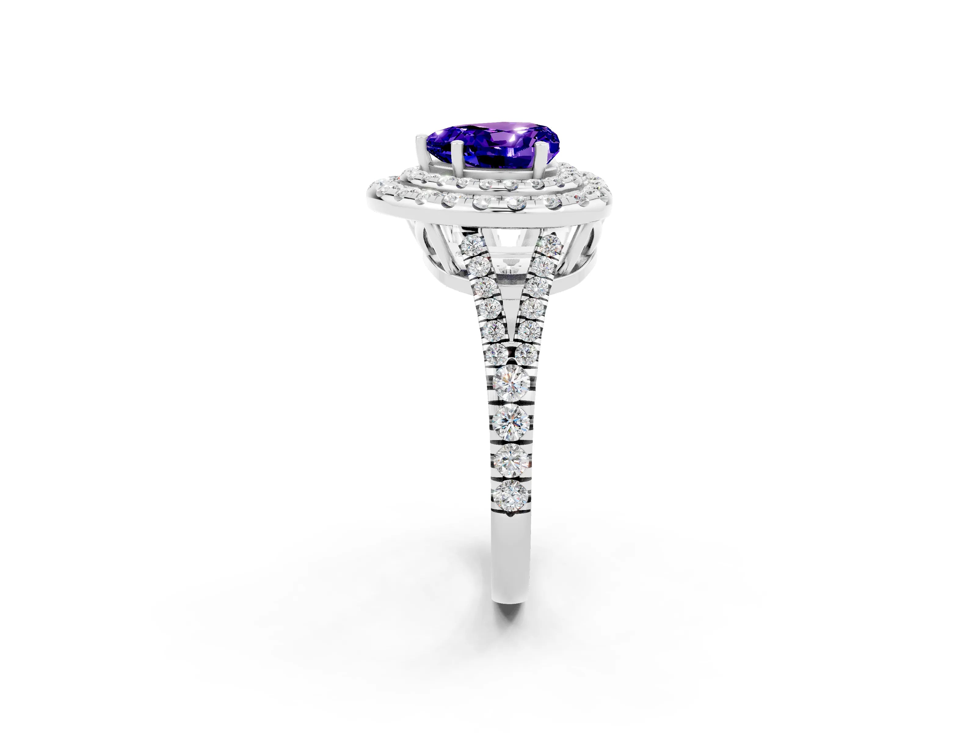 White gold Heart Cut Tanzanite Double Halo Ring with Pavé Band and Prong Setting_14