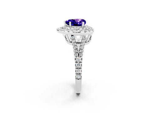 White gold Heart Cut Tanzanite Double Halo Ring with Pavé Band and Prong Setting_14