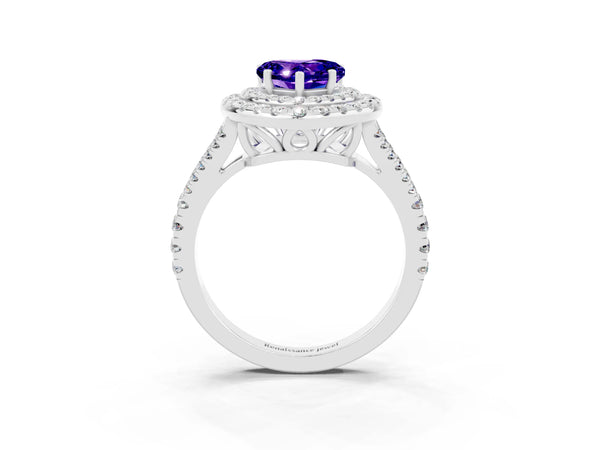 Platinum Heart Cut Tanzanite Double Halo Ring with Pavé Band and Prong Setting