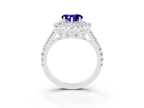 White gold Heart Cut Tanzanite Double Halo Ring with Pavé Band and Prong Setting_15