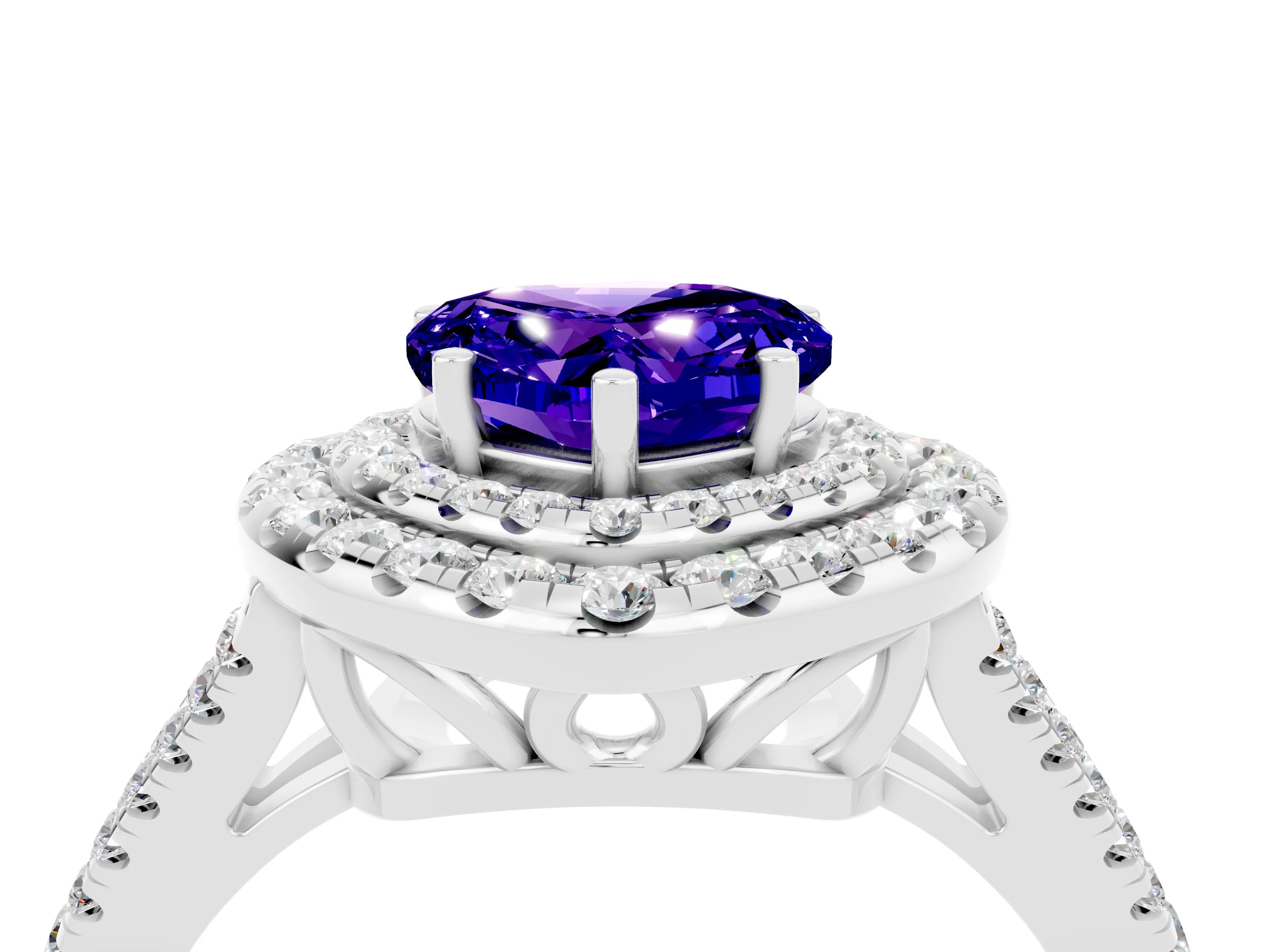 White gold Heart Cut Tanzanite Double Halo Ring with Pavé Band and Prong Setting_16