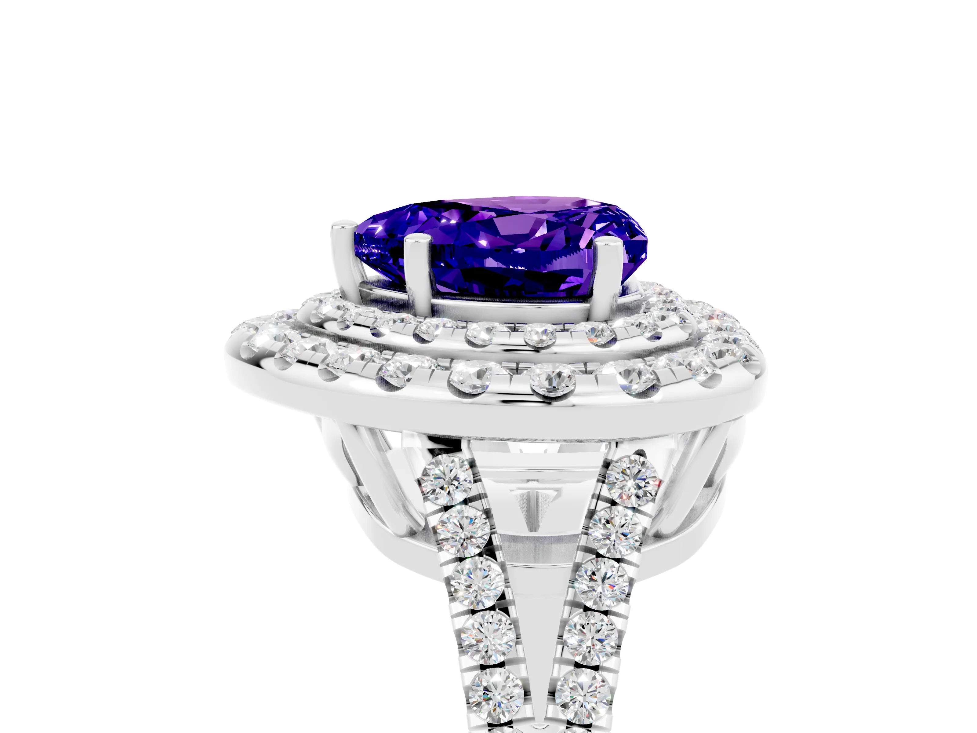 White gold Heart Cut Tanzanite Double Halo Ring with Pavé Band and Prong Setting_17