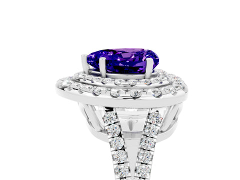 White gold Heart Cut Tanzanite Double Halo Ring with Pavé Band and Prong Setting_17