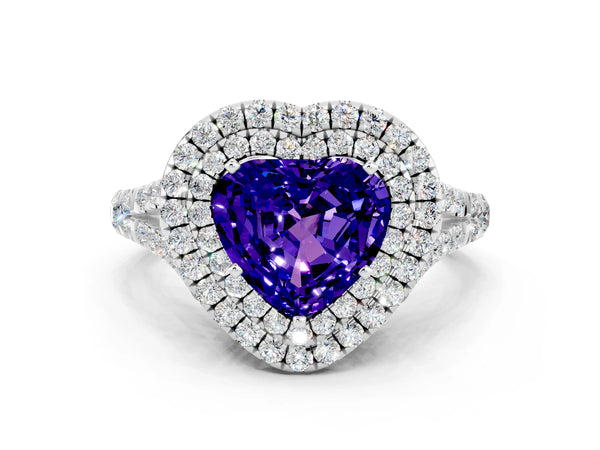 Platinum Heart Cut Tanzanite Double Halo Ring with Split Shank and Prong Setting