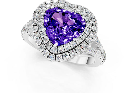 White gold Heart Cut Tanzanite Double Halo Ring with Split Shank and Prong Setting_13