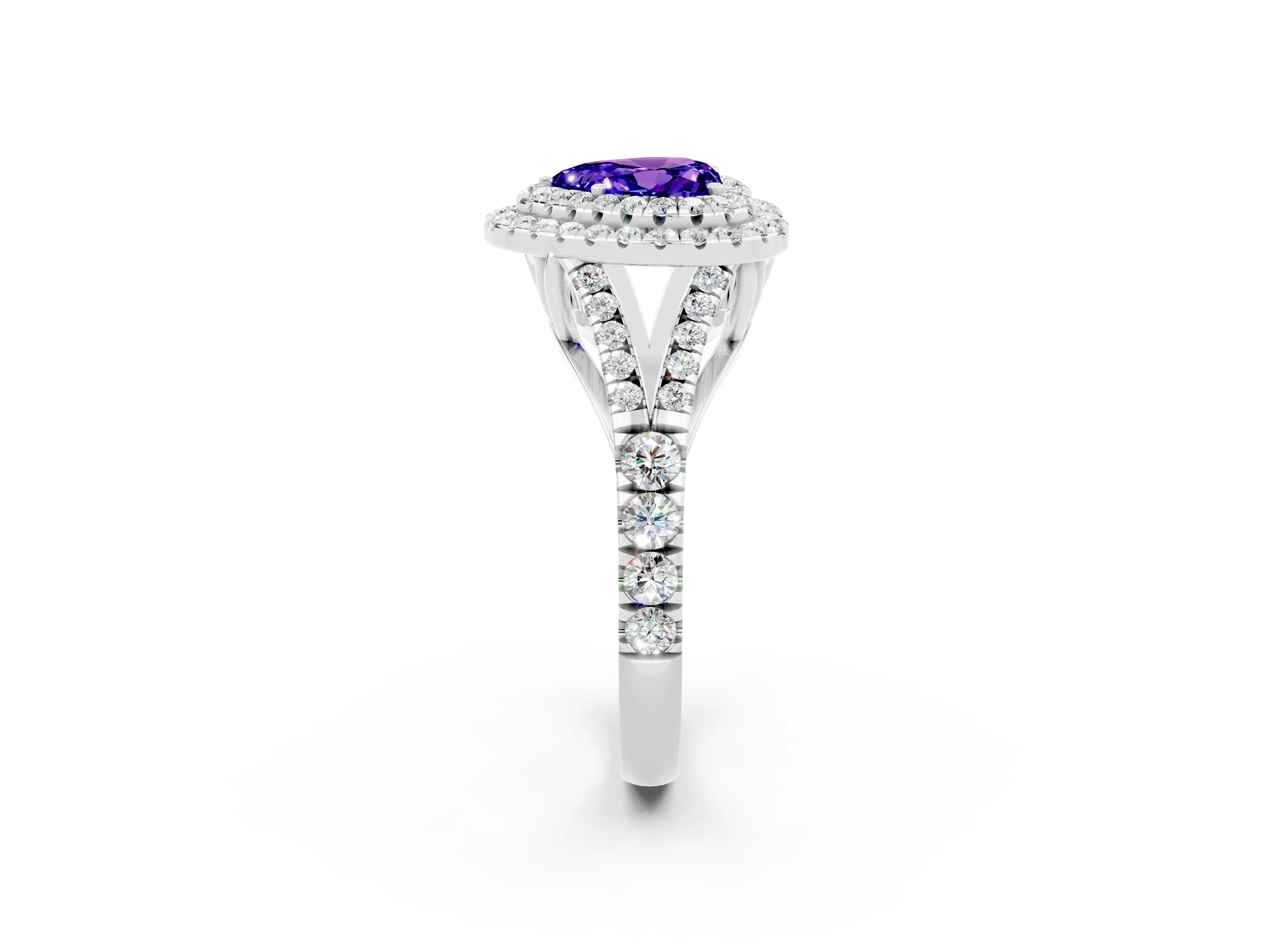 White gold Heart Cut Tanzanite Double Halo Ring with Split Shank and Prong Setting_14