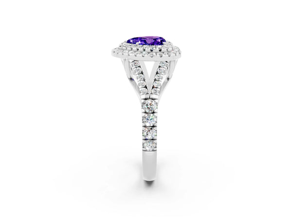 Platinum Heart Cut Tanzanite Double Halo Ring with Split Shank and Prong Setting