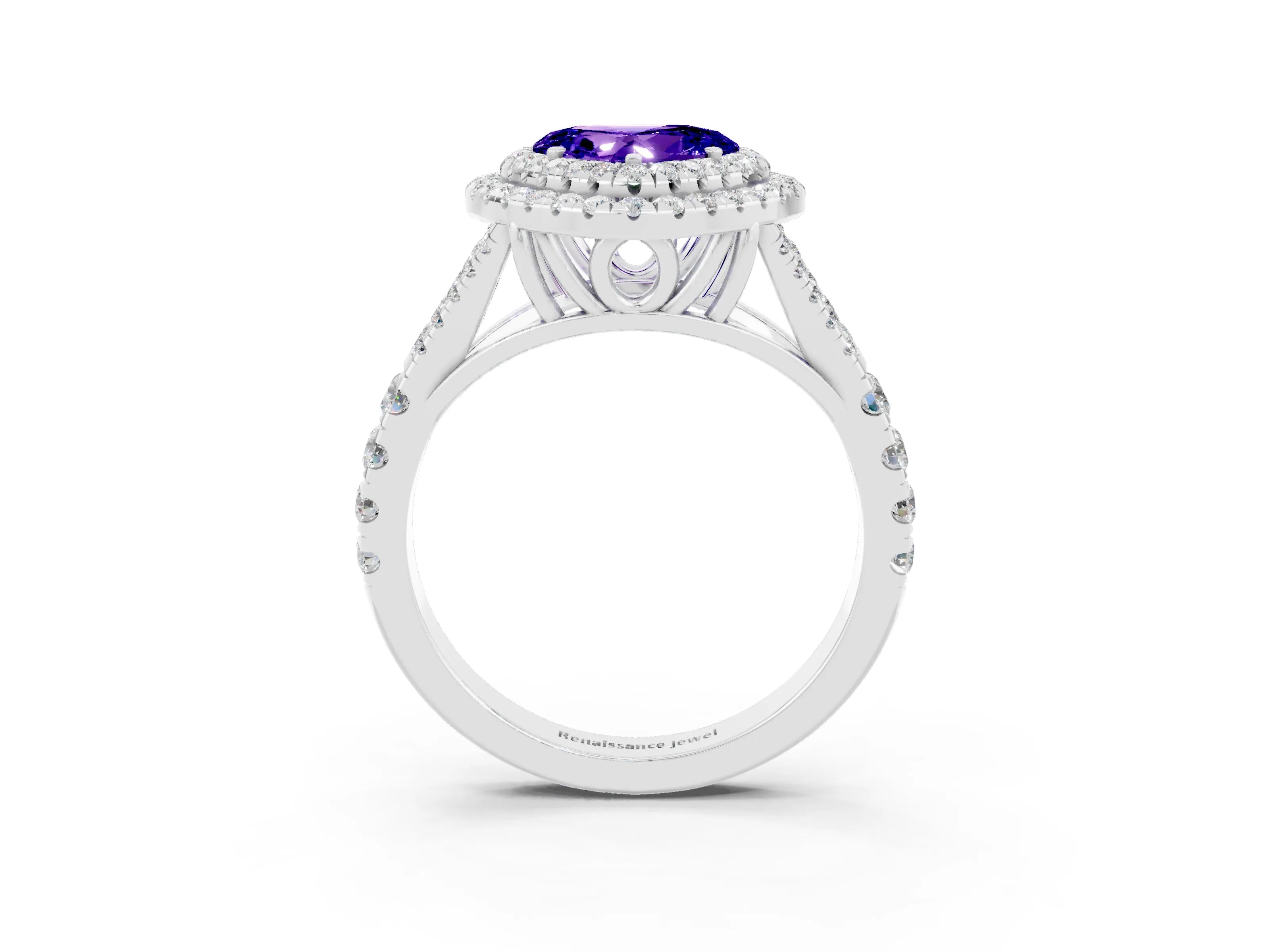 White gold Heart Cut Tanzanite Double Halo Ring with Split Shank and Prong Setting_15