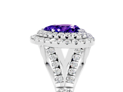 White gold Heart Cut Tanzanite Double Halo Ring with Split Shank and Prong Setting_17