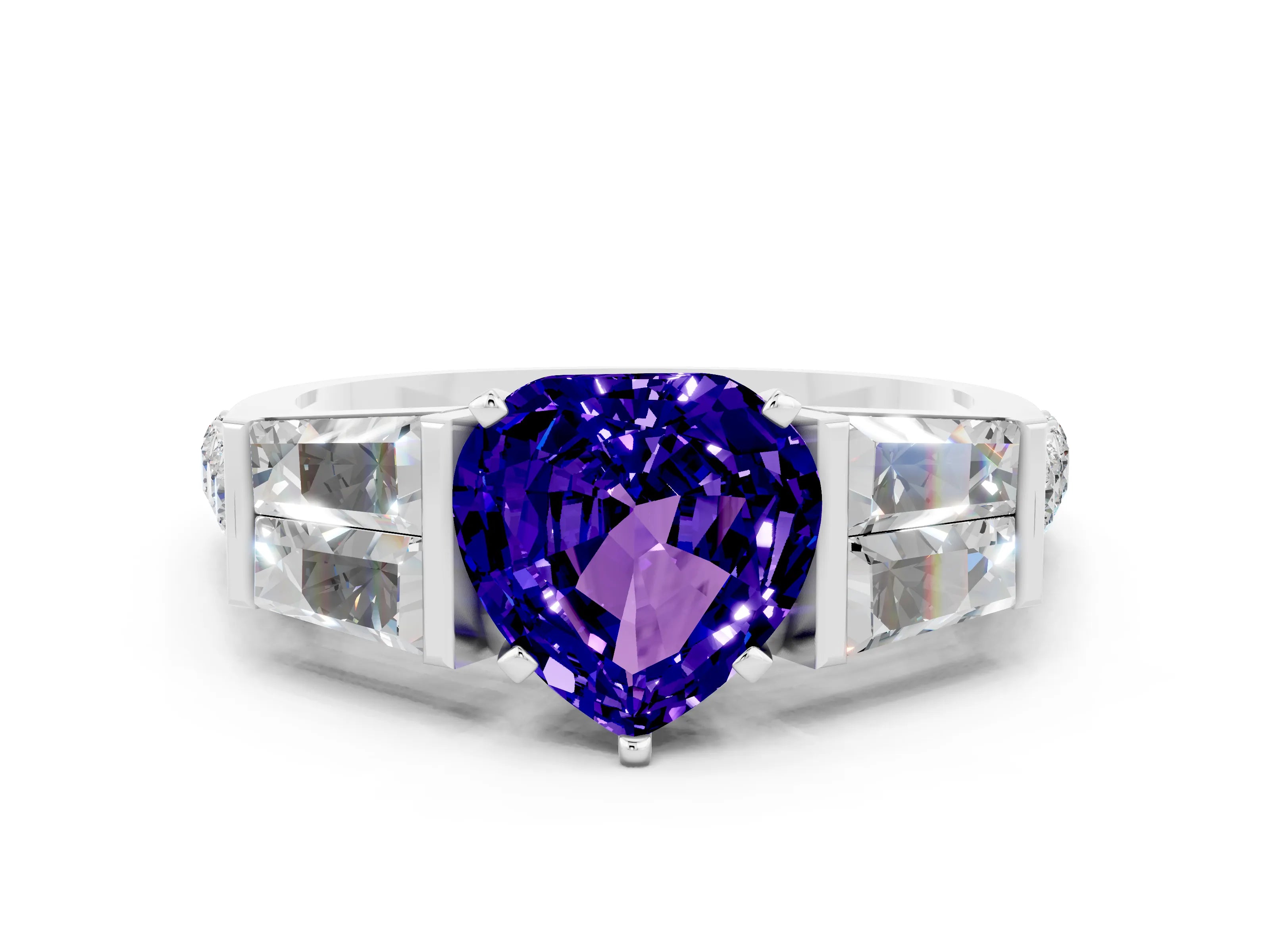 White gold Heart Cut Tanzanite Engagement Ring with Baguette Side Stones and Channel Set Band
