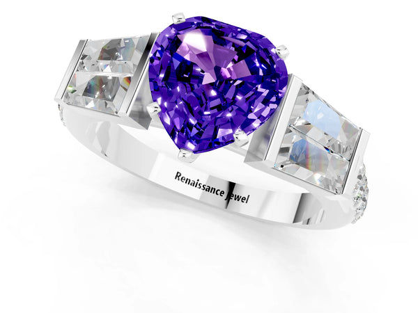 Silver Heart Cut Tanzanite Engagement Ring with Baguette Side Stones and Channel Set Band