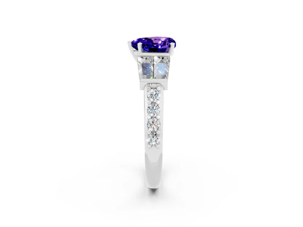 Platinum Heart Cut Tanzanite Engagement Ring with Baguette Side Stones and Channel Set Band