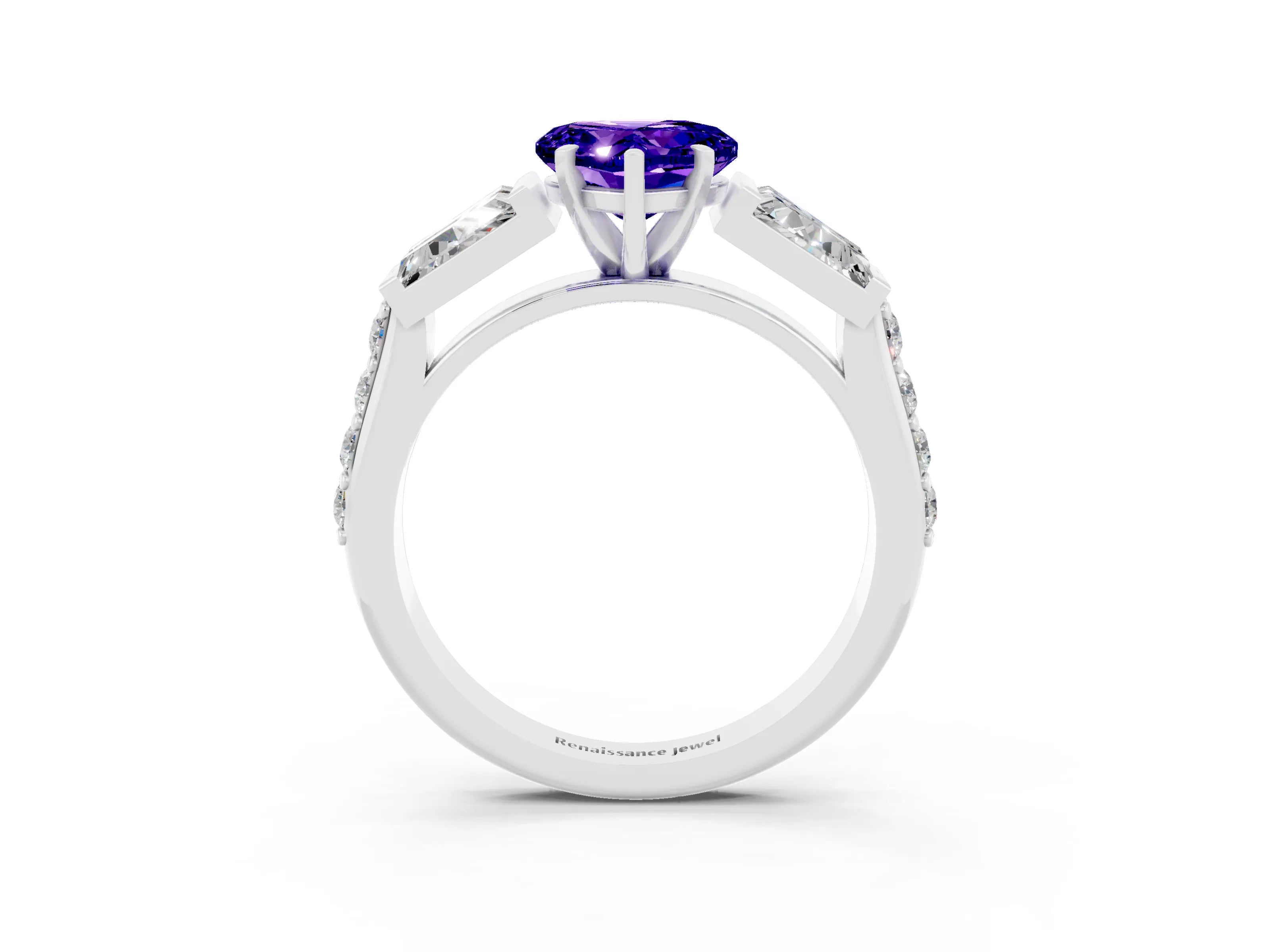 White gold Heart Cut Tanzanite Engagement Ring with Baguette Side Stones and Channel Set Band_3