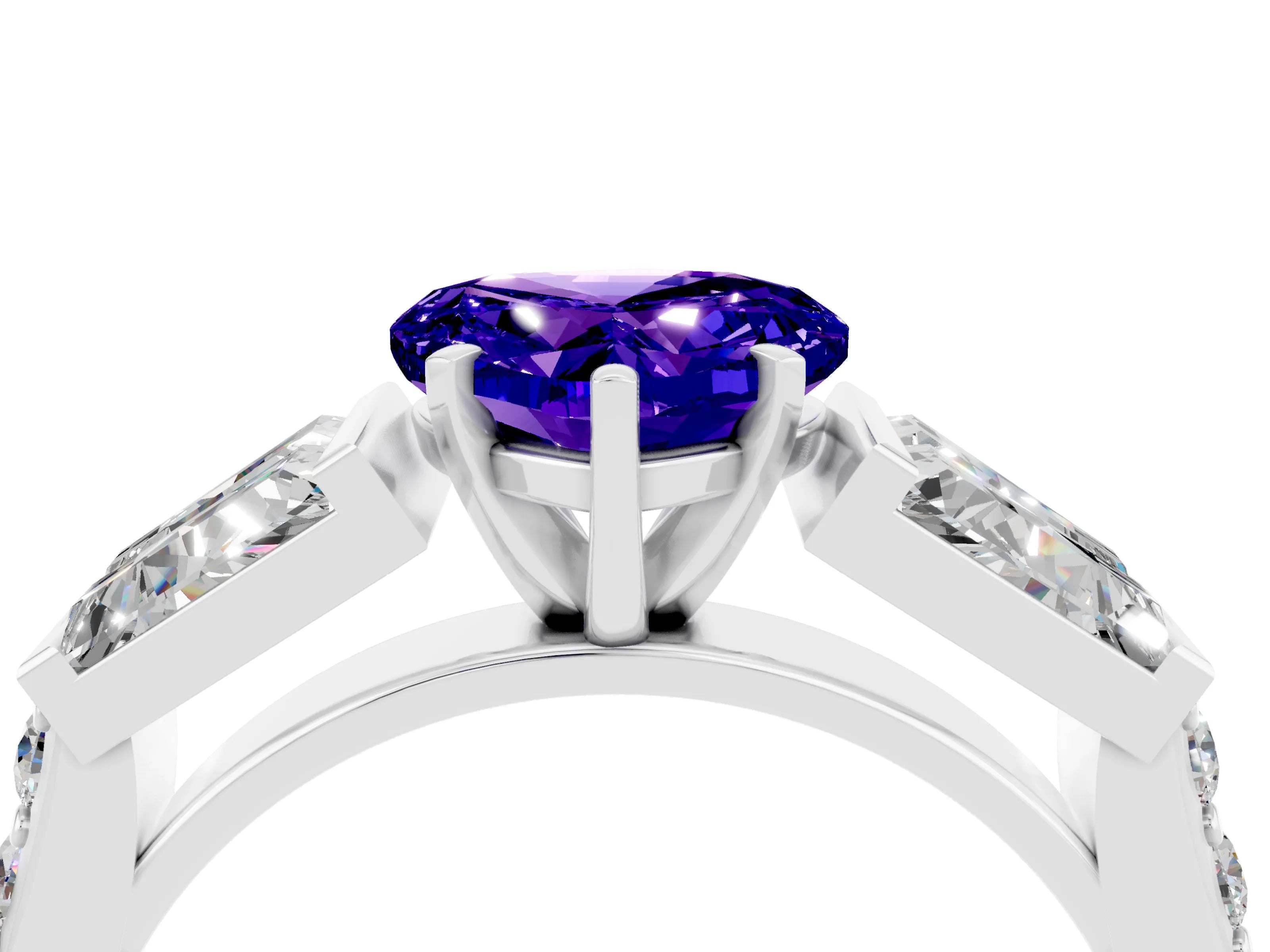 White gold Heart Cut Tanzanite Engagement Ring with Baguette Side Stones and Channel Set Band_4