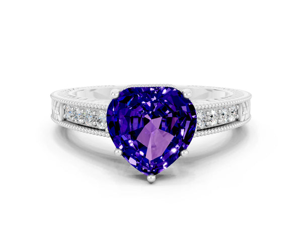 Platinum Heart Cut Tanzanite Engagement Ring with Milgrain Channel Set Band and Prong Setting