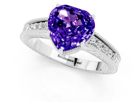 White gold Heart Cut Tanzanite Engagement Ring with Milgrain Channel Set Band and Prong Setting_1
