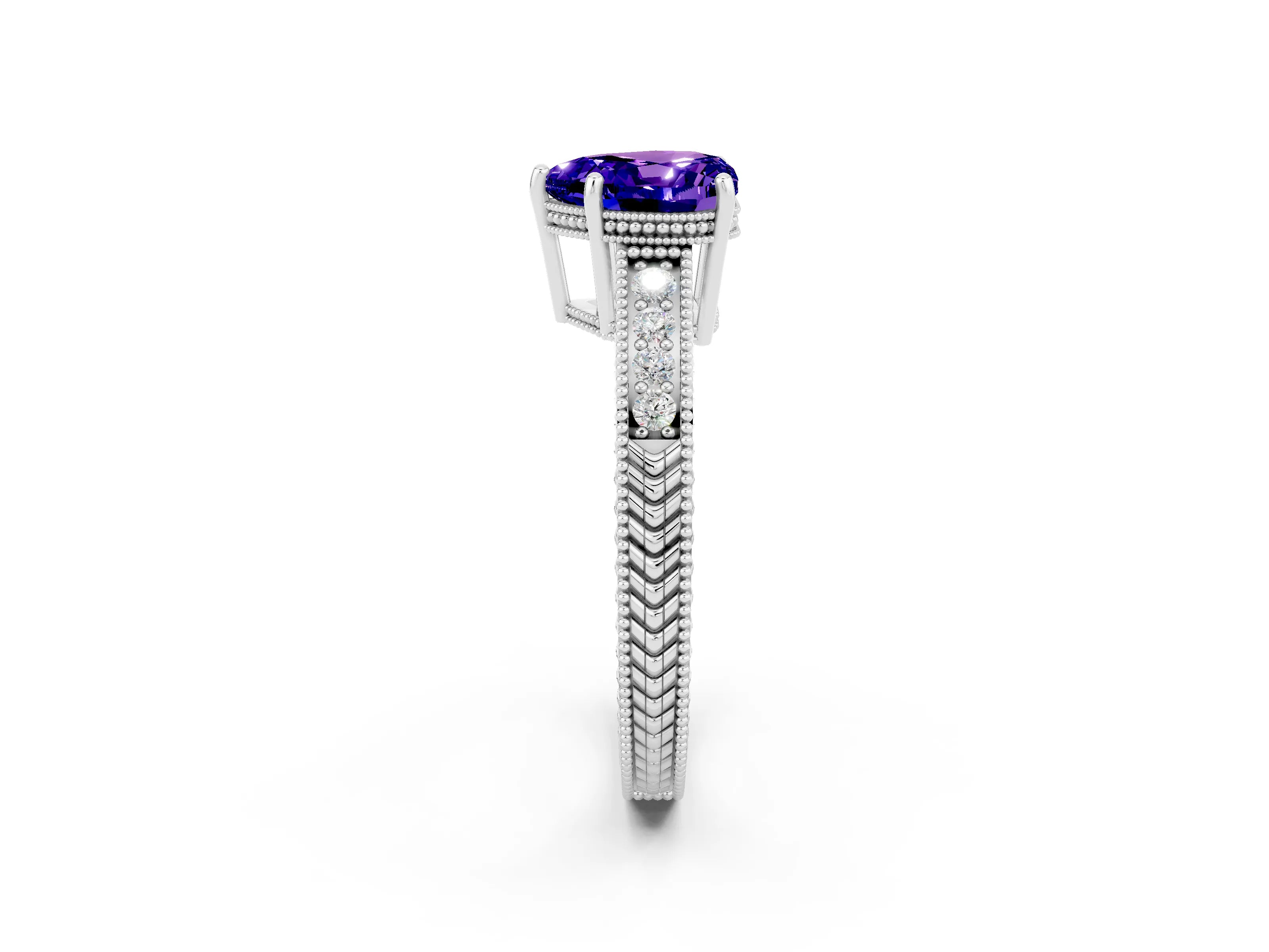 White gold Heart Cut Tanzanite Engagement Ring with Milgrain Channel Set Band and Prong Setting_2