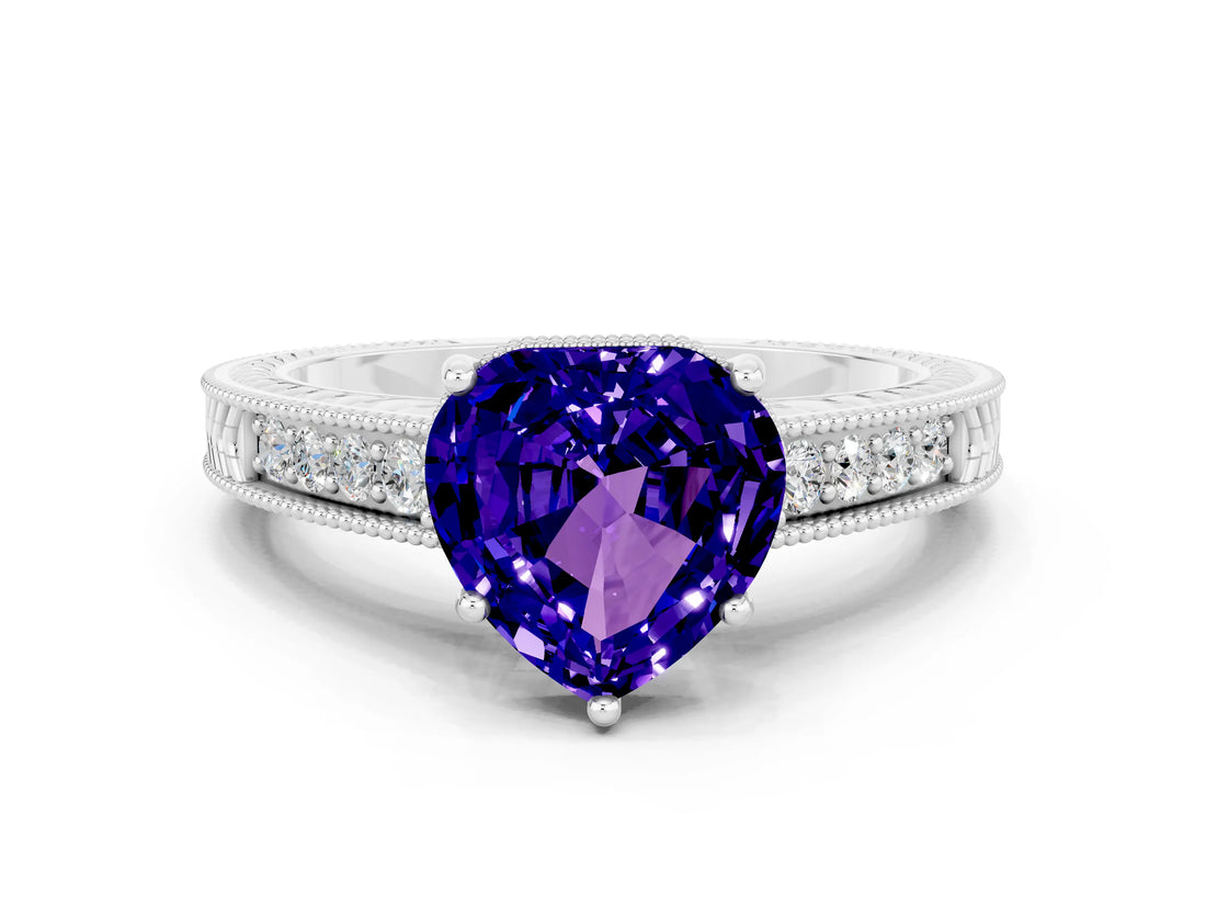 White gold Heart Cut Tanzanite Engagement Ring with Milgrain Channel Set Band and Prong Setting