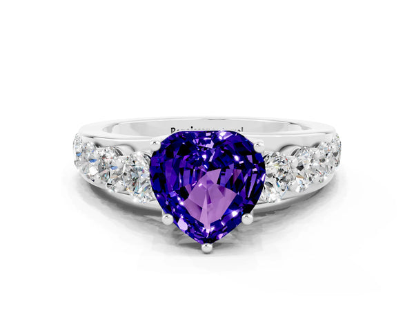 Platinum Heart Cut Tanzanite Engagement Ring with Pavé Band and Four-Prong Setting