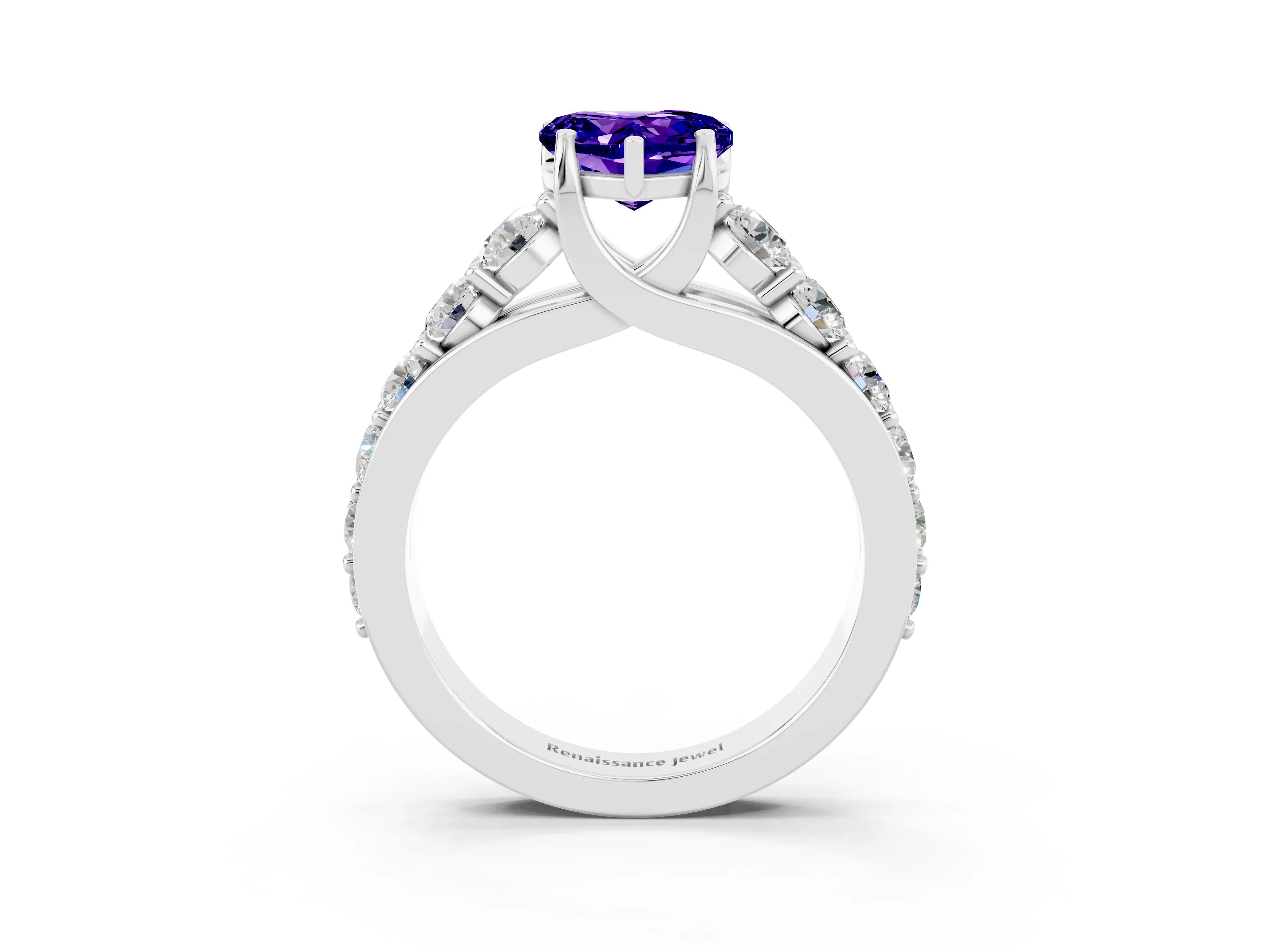 White gold Heart Cut Tanzanite Engagement Ring with Pavé Band and Four-Prong Setting_3