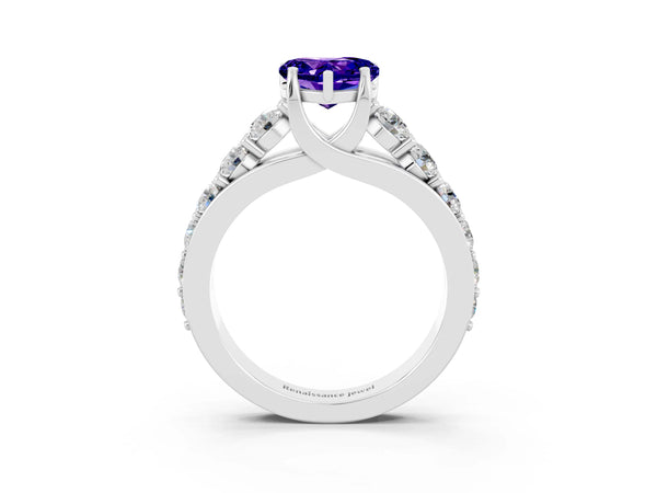 White gold Heart Cut Tanzanite Engagement Ring with Pavé Band and Four-Prong Setting