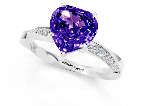 White gold Heart Cut Tanzanite Engagement Ring with Side Stone Accents and Four-Prong Setting_25
