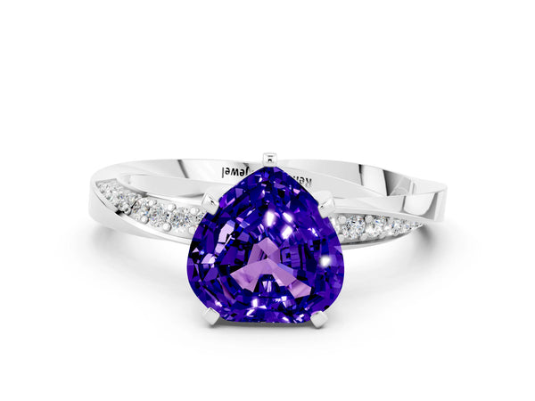 White gold Heart Cut Tanzanite Engagement Ring with Side Stone Accents and Four-Prong Setting