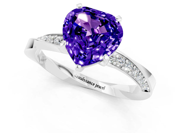 White gold Heart Cut Tanzanite Engagement Ring with Side Stone Accents and Four-Prong Setting