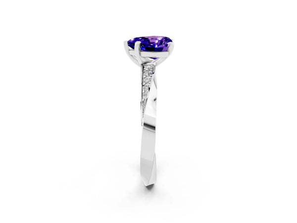 White gold Heart Cut Tanzanite Engagement Ring with Side Stone Accents and Four-Prong Setting