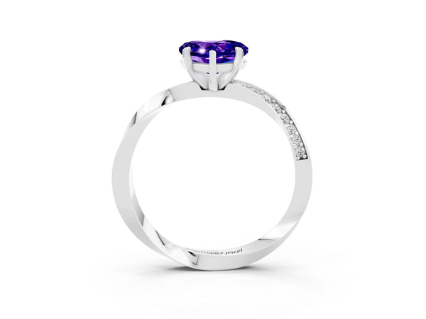 White gold Heart Cut Tanzanite Engagement Ring with Side Stone Accents and Four-Prong Setting