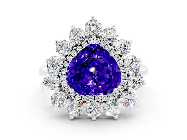 Platinum Heart Cut Tanzanite Floral Double Halo Engagement Ring with Prong Setting