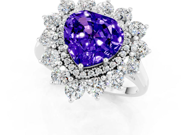 Platinum Heart Cut Tanzanite Floral Double Halo Engagement Ring with Prong Setting