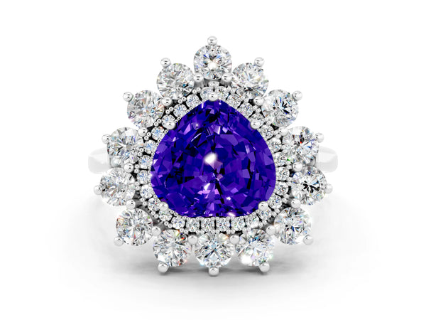 White gold Heart Cut Tanzanite Floral Double Halo Engagement Ring with Prong Setting