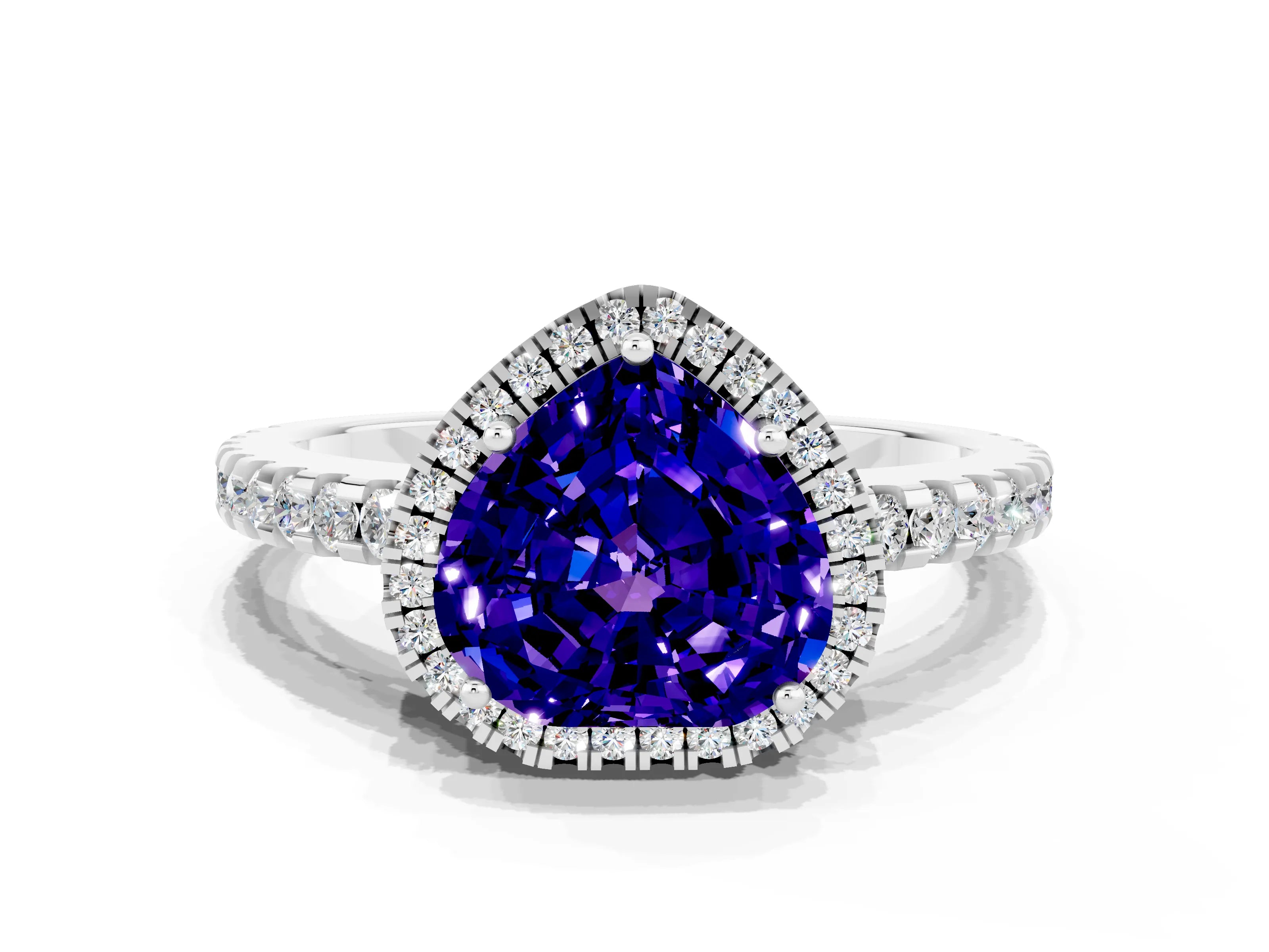 White gold Heart Cut Tanzanite Halo Engagement Ring with Pavé Band and Prong Setting_30