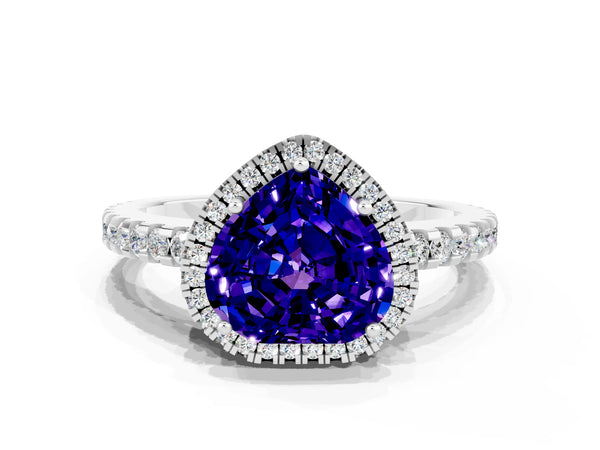 Silver Heart Cut Tanzanite Halo Engagement Ring with Pavé Band and Prong Setting