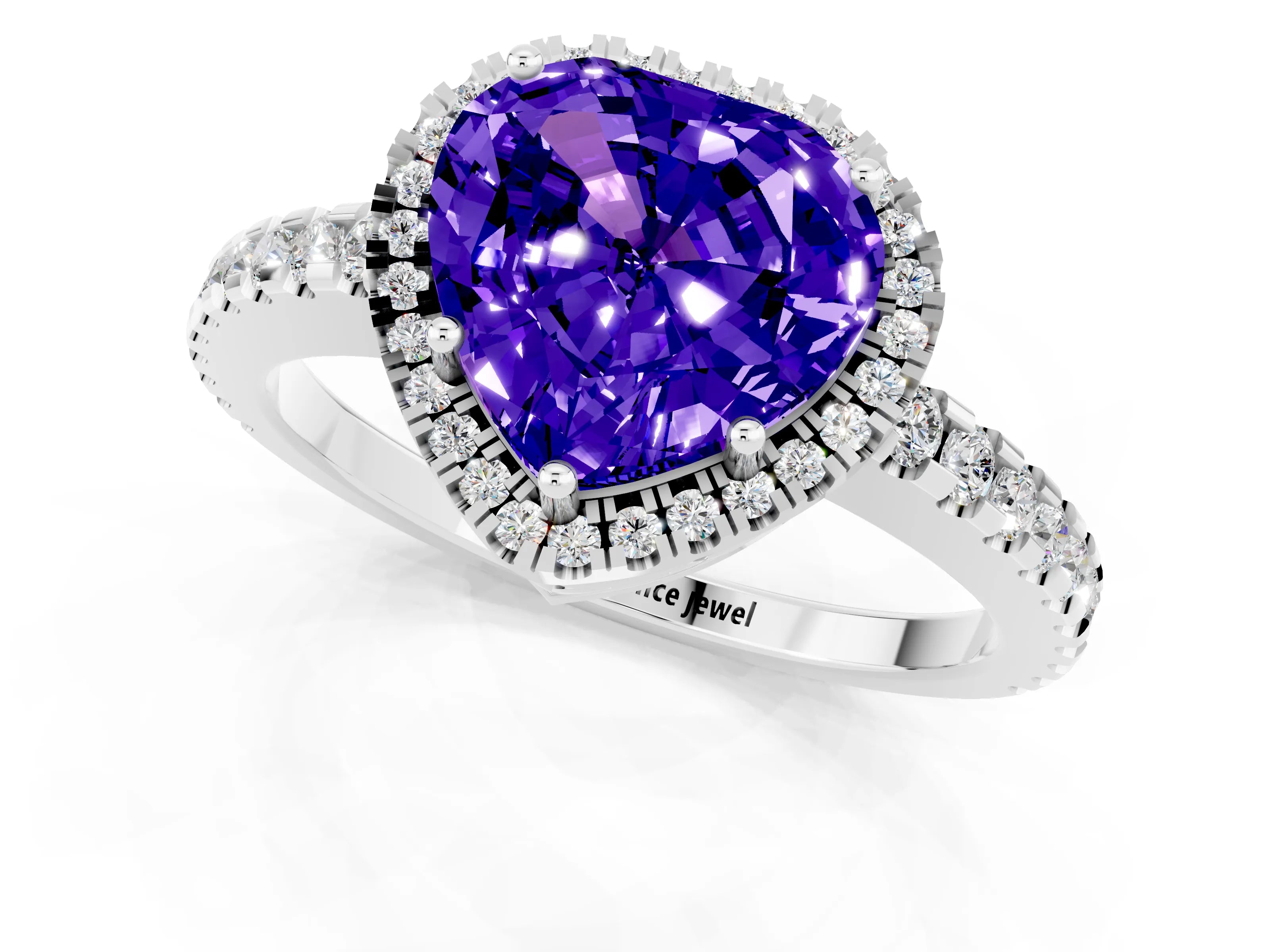White gold Heart Cut Tanzanite Halo Engagement Ring with Pavé Band and Prong Setting_31