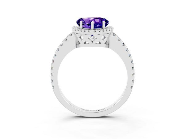 Silver Heart Cut Tanzanite Halo Engagement Ring with Pavé Band and Prong Setting