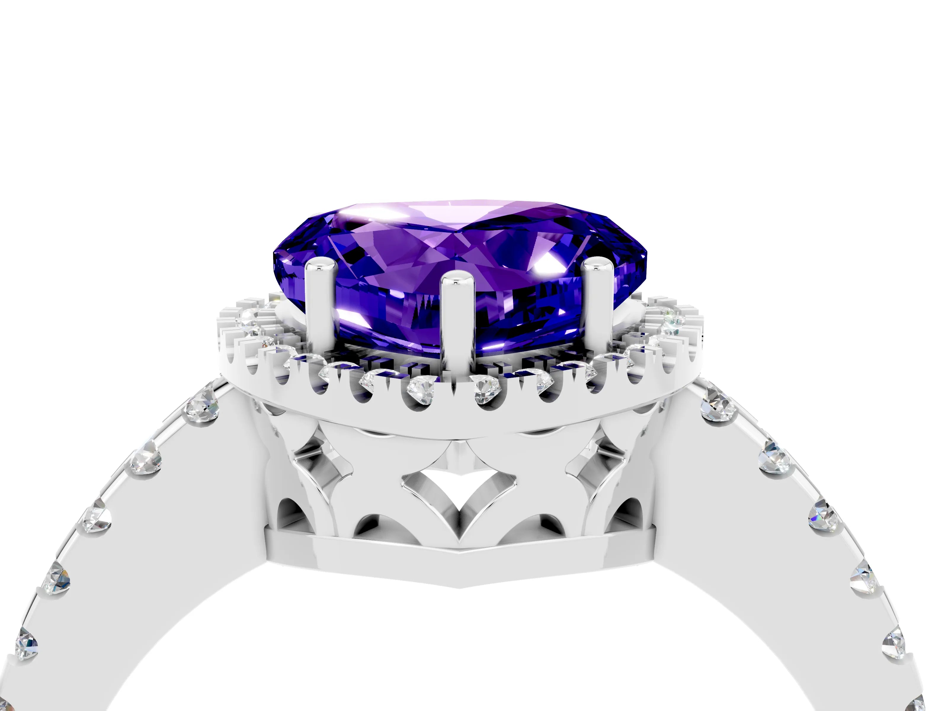 White gold Heart Cut Tanzanite Halo Engagement Ring with Pavé Band and Prong Setting_34