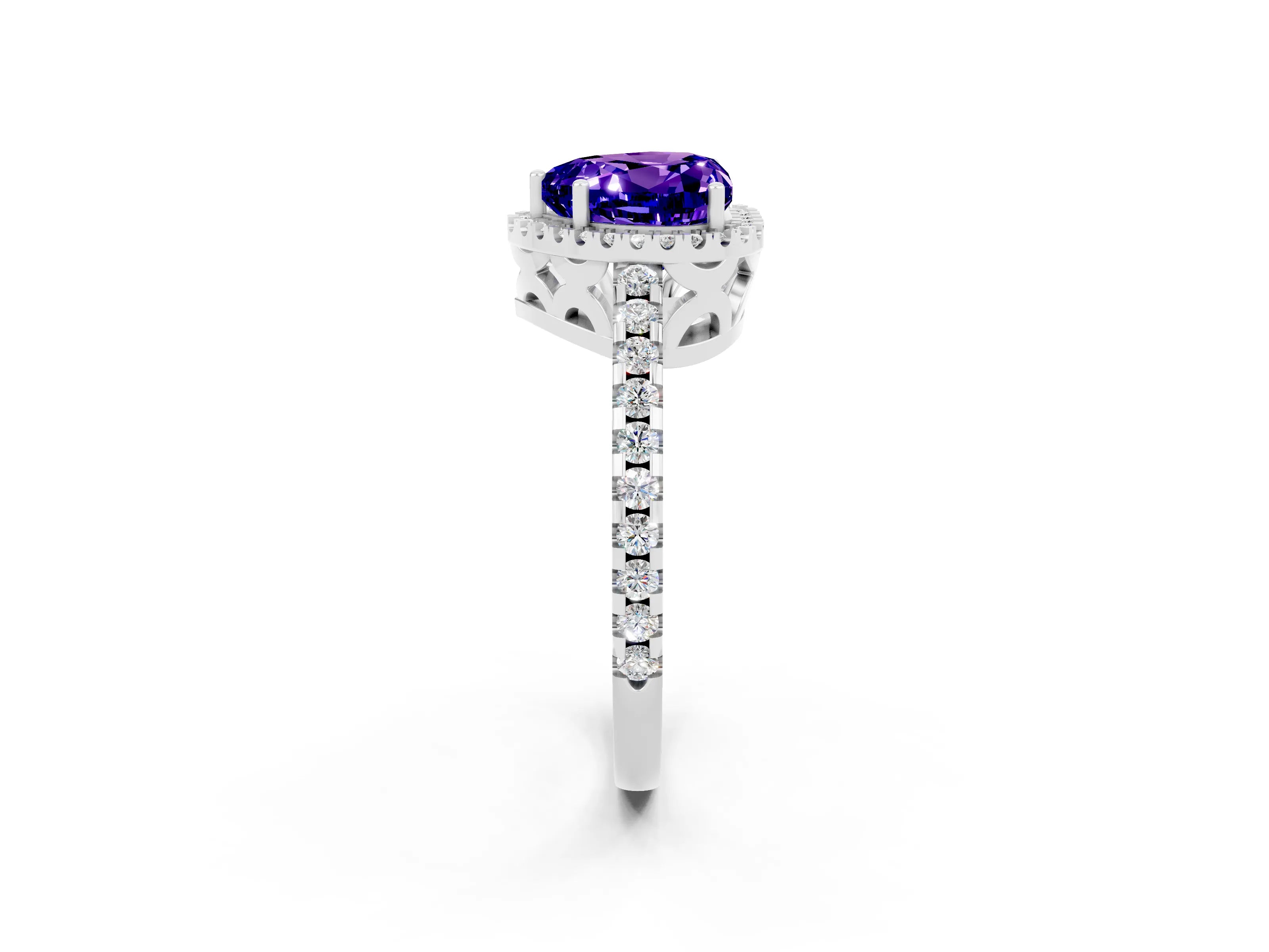 White gold Heart Cut Tanzanite Halo Engagement Ring with Pavé Band and Prong Setting_37