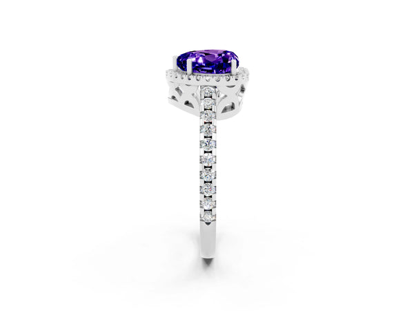 Platinum Heart Cut Tanzanite Halo Engagement Ring with Pavé Band and Prong Setting